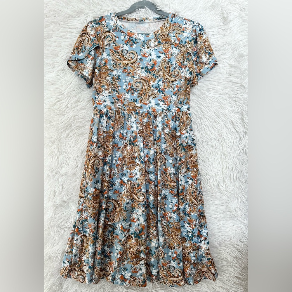 Girls Boho Paisley Blue Brown Stretchy A line Twirly Skater Dress Size XL